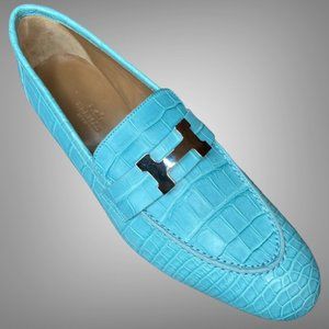 Hermes Matte Aqua Niloticus Crocodile Paris Loafer Signature H EU size 38 Shoe